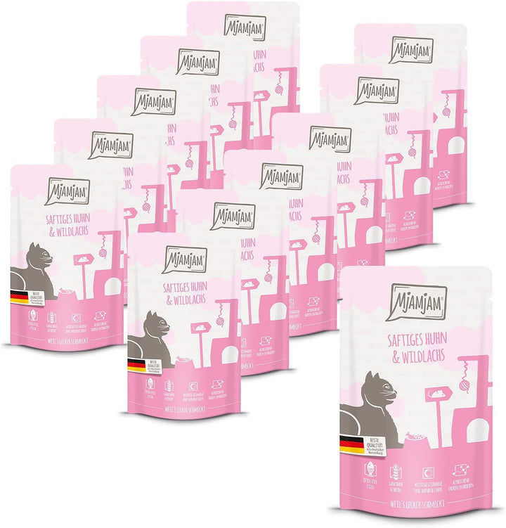 Mjamjam Mixpack V-12 X 125G, 1Pack (1 X 1,5 Kilograme) & Hrană umedă premium pentru pisici - pui suculent și somon sălbatic, 12Pack (12 X 125 G)