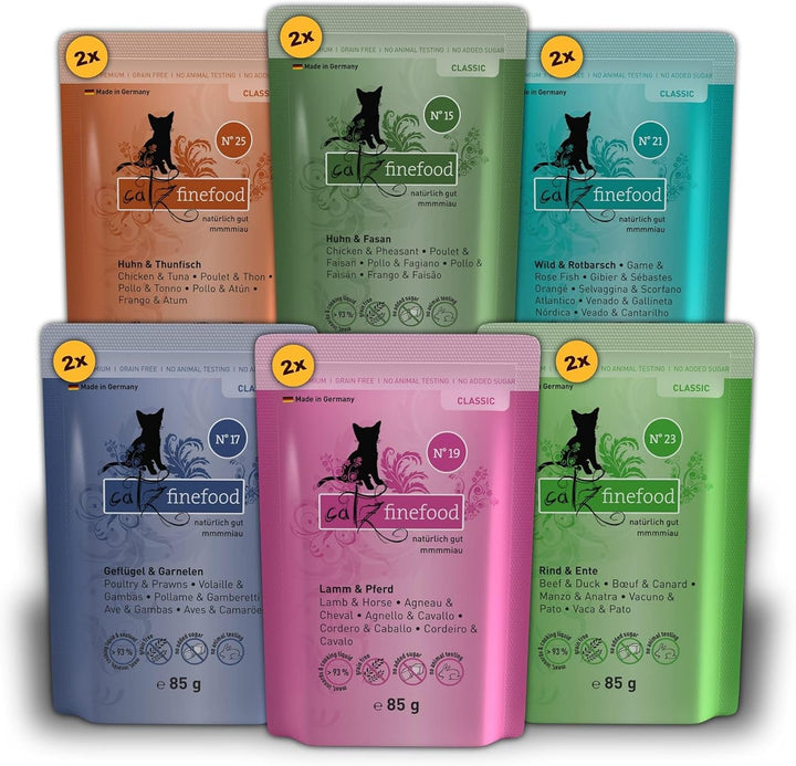 Catz Finefood Classic Collection Mix-Pack Hrană umedă pentru pisici - Delicatessen Hrană umedă pentru pisica dumneavoastră fără cereale și zahăr cu conținut ridicat de carne, 24 X 85G Bag