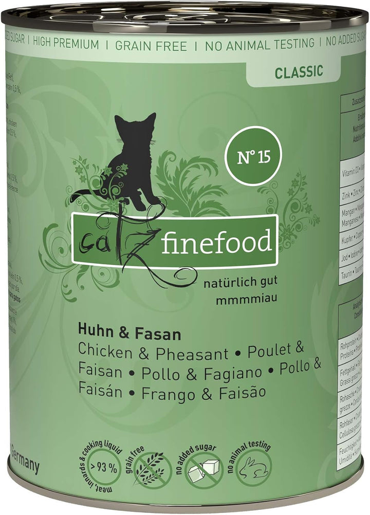 Hrană umedă pentru pisici Catz Finefood Classic N° 15 Chicken & Pheasant - Hrană umedă gourmet pentru pisica dvs. fără zahăr și cereale, fără gluten - cu conținut ridicat de carne, fabricată în Germania (6 cutii de 800 g)