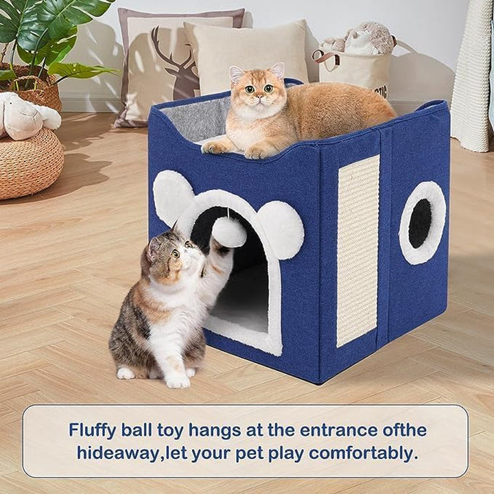 Casă pliabilă pentru pisici, casă mare pentru pisici, peșteră pentru pisici și câini mici, cu zgârietură și minge pufoasă, albastră