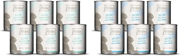 Mjamjam - Hrană umedă premium pentru pisici - Curcan bun cu dovleac aburit, pachet de 6 (6 X 800 G) & Hrană umedă premium pentru pisici - Rață și pasăre fragedă cu morcovi delicioși, pachet de 6 (6 X 800 G)