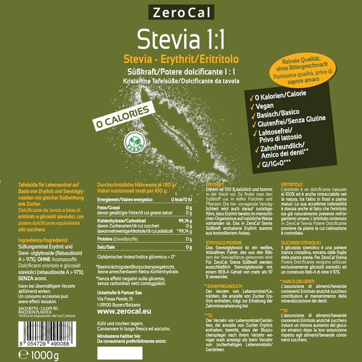 Stevia 1:1 (Erythrit - Stevia) - Natürlicher Zuckerersatzstoff, 1000 G Indulcitori Naty Shop