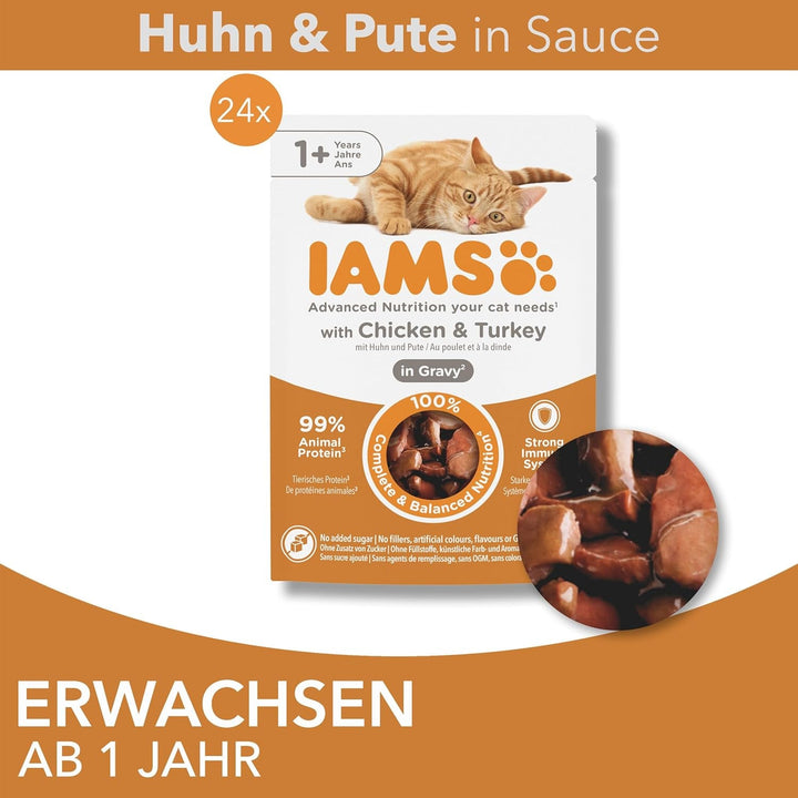 Hrană umedă pentru pisici Iams Delights cu pui și curcan în sos - Multipack pentru pisici adulte, 24 X 85G