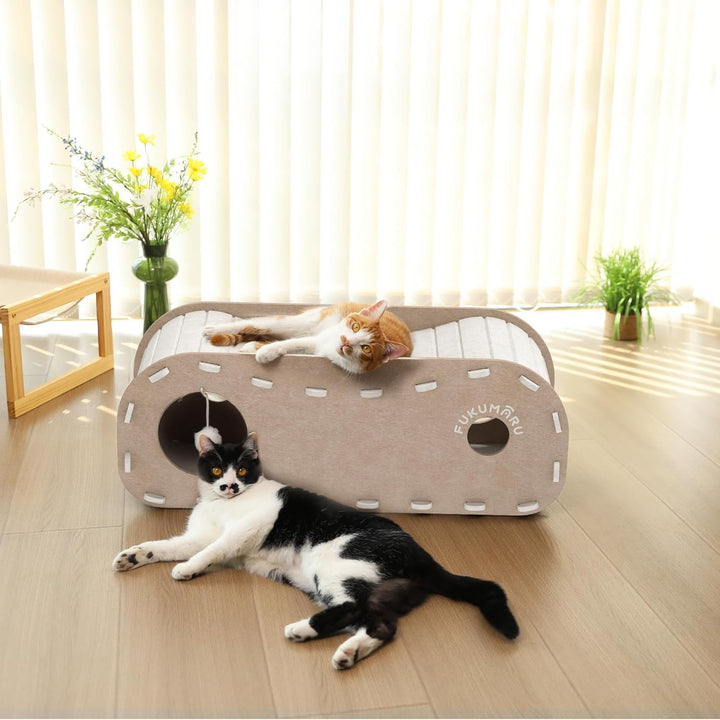 Pat pentru pisici FUKUMARU, Peșteră robustă din fetru de înaltă calitate, Casă pentru pisici de interior, Pat pentru pisici cu 2 straturi, Peșteră pentru pisici pentru dormit, joacă și ascundere, Peșteră din fetru bej