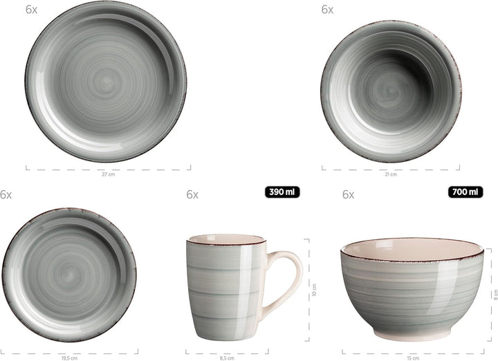 MÄSER 931612 Bel Tempo II 30-Teiliges Vintage Geschirr Set Für 6 Personen, Handbemaltes Keramik Kombiservice in Blau, Steingut, Rauchblau Seturi vesela masa Naty Shop