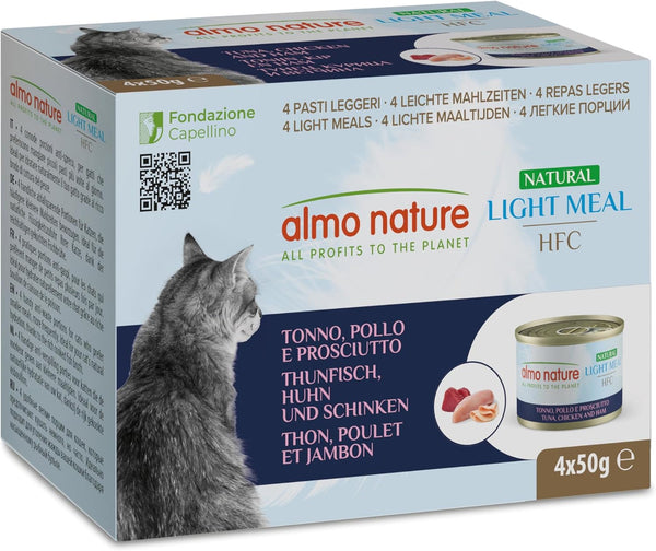 Almo Nature HFC Natural Light Meal - ton, pui și șuncă - hrană umedă pentru pisici adulte: 4 pachete a câte 50 g