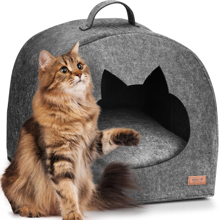 Căsuță pentru pisici Reavet Miezen-Koje - Peșteră din fetru cu pernă pentru pisică | Extra moale și pufoasă | Pat pentru pisică care se potrivește pe rafturi de 33 x 33 x 33 cm, Loc de dormit pentru pisici cu pernă confortabilă
