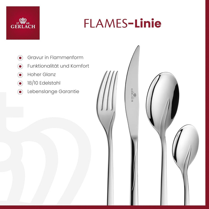 Gerlach Flames Besteck-Set 12 Personen Spülmaschinenfest Essbesteck Edelstahl Elegantes Tafelbesteck Messer Gabel Löffel Teelöffel Kuchengabel Soßenlöffel Kuchenspachtel Glänzend Rostfrei 68 Stk Bucatarie Naty Shop