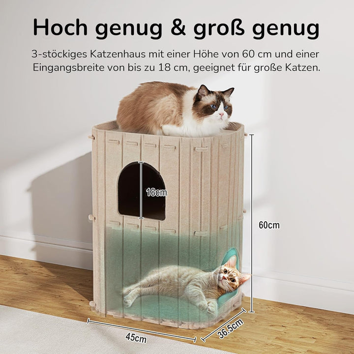 FUKUMARU Peșteră pentru pisici, Peșteră robustă din fetru de înaltă calitate, Căsuță pentru pisici de interior, Pat pentru pisici cu 3 straturi, Peșteră pentru pisici pentru dormit, joacă și ascundere, Peșteră din fetru, Bej, 45 x 37 x 60 cm, Mare