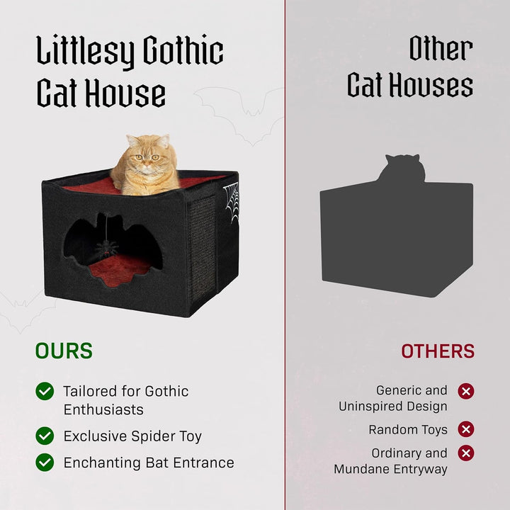 Pat gotic pentru pisici sau animale de companie, pliabil ca o casă de Halloween, 43 x 43 x 32 cm, cu intrare în formă de liliac, jucărie de păianjen, pernă de zgâriat și pernă moale pentru pisici gotice.