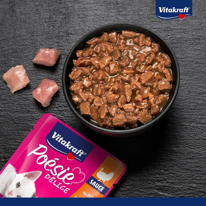 Vitakraft Poésie Délice, Junior, hrană umedă pentru pisici, hrană umedă în sos, cu curcan, preambalată, pentru pisici tinere, fără adaos de zahăr și cereale (23X 85G)