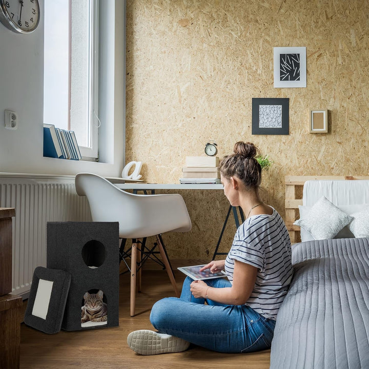 Peșteră pentru pisici Relaxdays, ÎxLxA: 76 x 40 x 40 cm, Căsuță pliabilă pentru pisici cu 3 niveluri, Ascunziș pentru pisici cu scândură, Negru