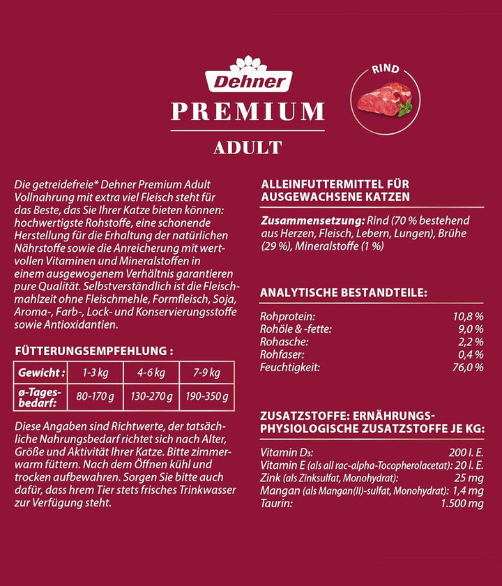 Dehner Premium Cat Food, Hrană umedă fără cereale, Pentru pisici adulte, Carne de vită, cutie 6 X 400 G (2,4 kg)