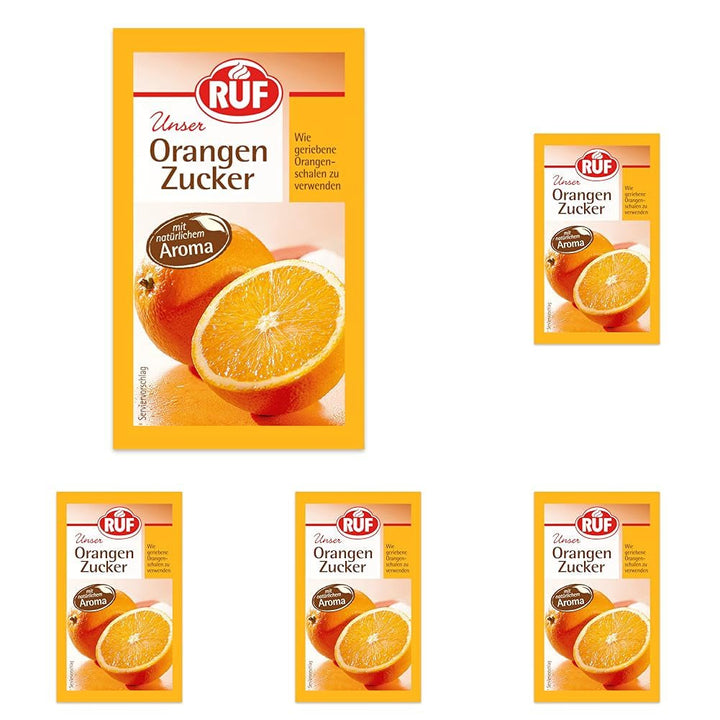 RUF Orangen-Zucker, Aromatisierter Zucker Mit Natürlichem Orangen-Aroma, Wie Geriebene Orangenschalen Zu Verwenden, Glutenfrei, Vegan, 3 X 10G Indulcitori Naty Shop 30 G (5Er Pack) Orange-Zucker