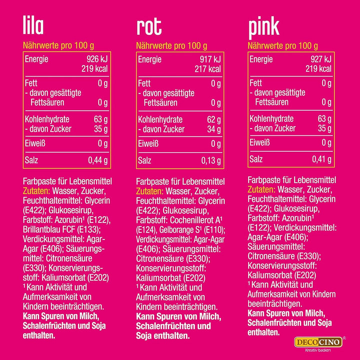Set de coloranți alimentari Decocino Neon - 3 piese - Roșu, roz, violet - Colorant alimentar cu doză mare - Pentru colorarea prăjiturilor, brioșelor, cupcake-urilor - Fără gust
