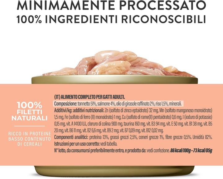 , Ton cu somon în jeleu, hrană umedă completă pentru pisici, la cutie, cu vitamine suplimentare, 100% naturală, 6 X 85 G