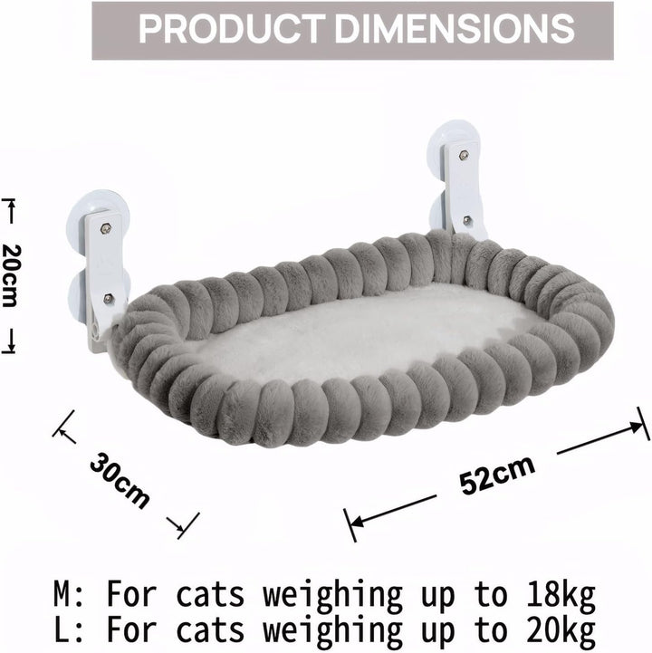 Șezlong pentru pisici Carecooo, hamac pentru pisici cu husă lavabilă, pervaz pufos cu ventuze, șezlong stabil pentru pisici de până la 18 kg, M (52 x 30 cm), gri