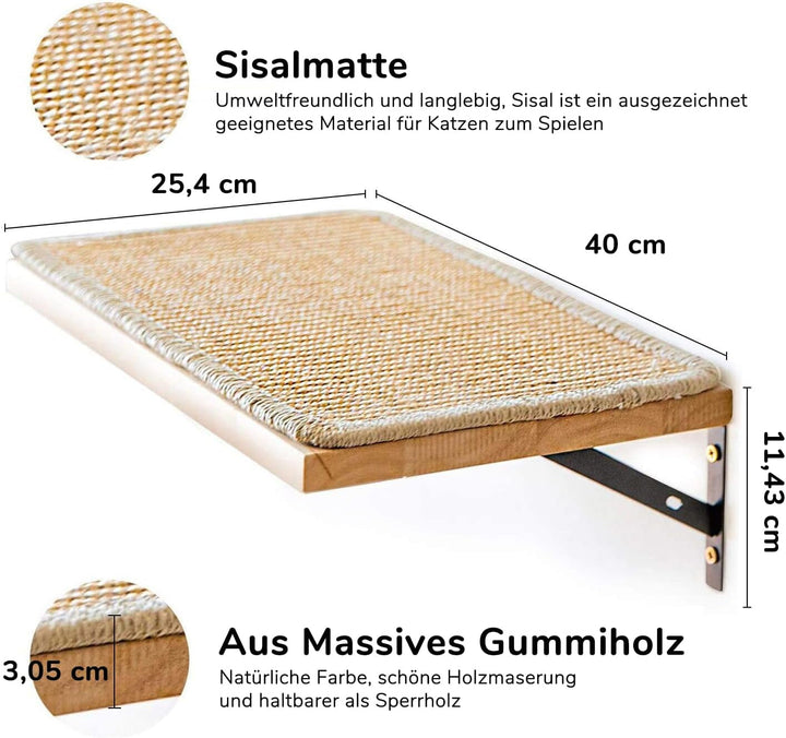 FUKUMARU Perete de cățărat pentru pisici, Perete pentru pat de pisică din lemn masiv de cauciuc cu grosimea de 2 cm, cu covoraș de zgârietură din sisal durabil, Șezlong/scări pentru pisici montat pe perete 40x25 cm