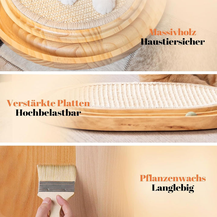 Placă de zgâriat din sisal - Jucărie 2 în 1 pentru pisici, lemn masiv de pin și pernă de sisal natural și bile de catnip - Covoraș de zgâriat 43 x 33 x 3 cm pentru toate pisicile, pentru a se juca și relaxa