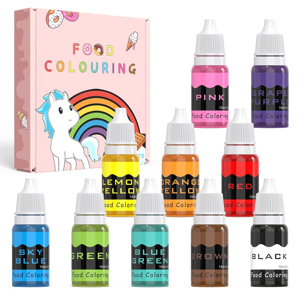 Colorant alimentar lichid 10ml x 10 culori, set de coloranți alimentari concentrați pentru glazură de tort, pentru copt, decorare, gătit și fondant. Colorant alimentar vibrant curcubeu pentru meșteșuguri DIY