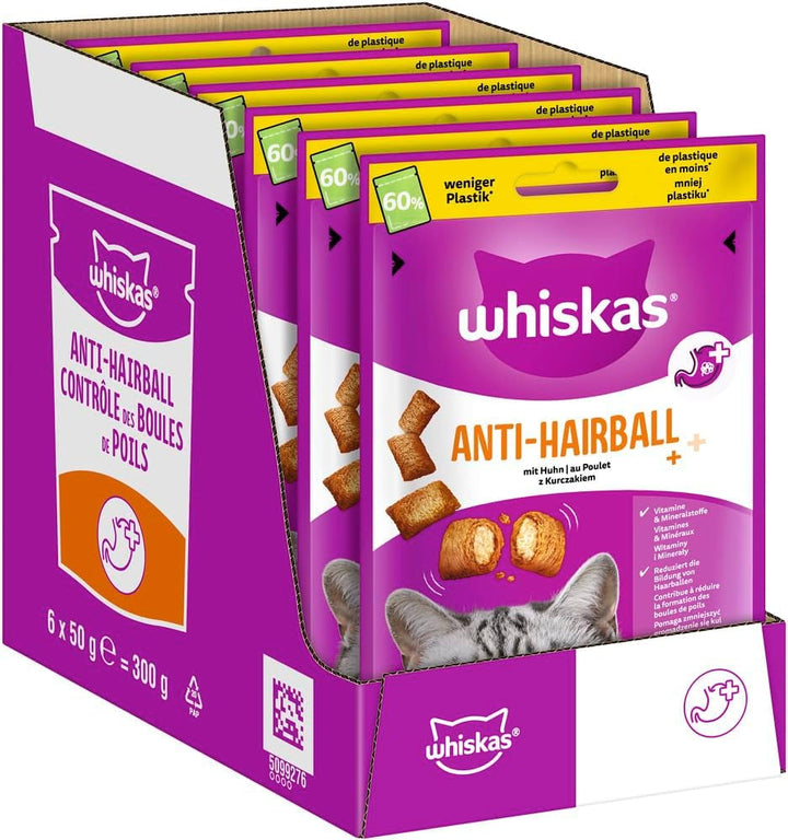WHISKAS Anti-Hairball Cat Snacks 6 X 50G - Snacks-uri delicioase împotriva bilelor de păr pentru o blană sănătoasă
