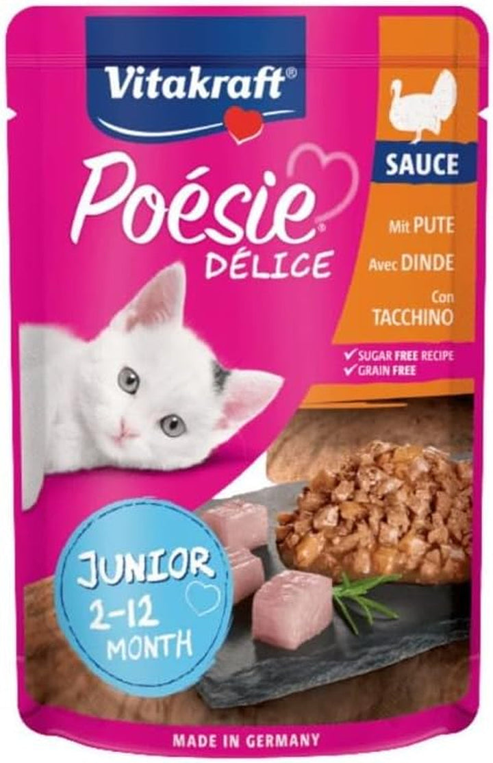 Vitakraft Poésie Délice, Junior, hrană umedă pentru pisici, hrană umedă în sos, cu pui, pentru pisici tinere, fără adaos de zahăr și cereale (1X 85G)