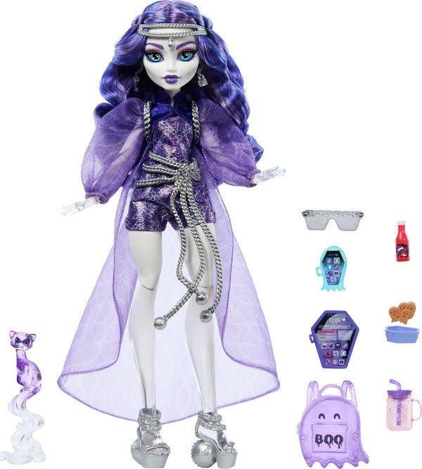 Păpușă Monster High Spectra Vondergeist cu dihorul Rhuen și accesorii precum rucsac, tabletă, gustări și multe altele, HXH77 Papusi Naty Shop Titlu implicit