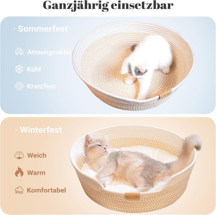 Pat pentru pisici cu pernă, coș lavabil de 47 cm, fabricat din frânghie de bumbac țesută, pentru dormit pentru toate pisicile, universal pentru toate anotimpurile