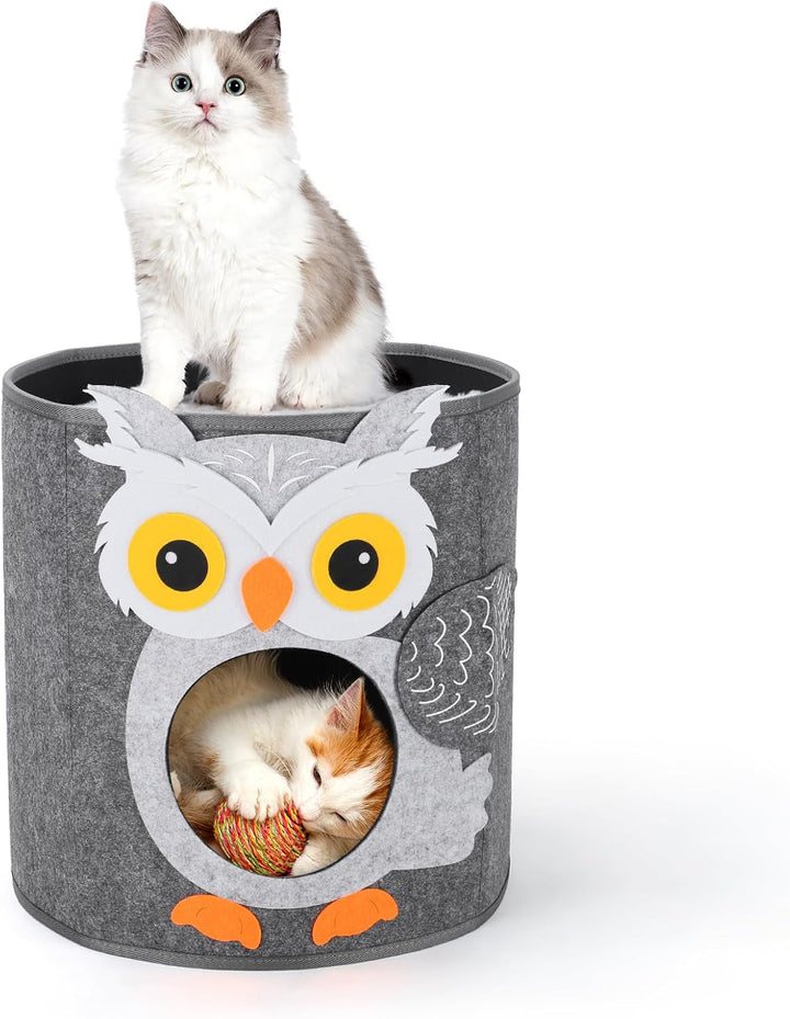 Dripex Peșteră pentru Pisici, Căsuță din Fetru cu 2 Niveluri, Inclusiv Pernă, Peșteră Pufoasă pentru Pisici, unde pot Dormi, Se Ascunde și Se Joacă, 30 x 35 x 35 cm (Bufniță)