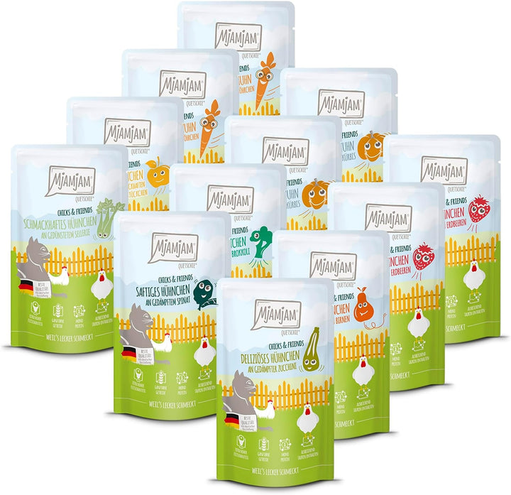 Mjamjam - Hrană umedă premium pentru pisici - Chicks & Friends Box, 9 pachete (9 X 300G), fără cereale și cu carne suplimentară