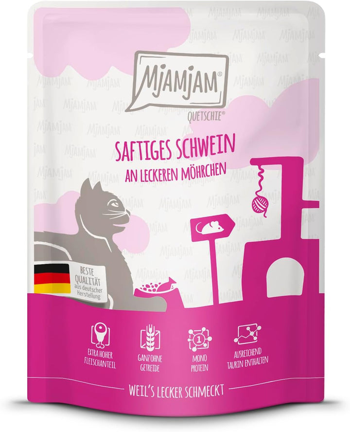 Mjamjam - Hrană umedă premium pentru pisici - Squeeze - Porc suculent cu morcovi delicioși, pachet de 6 (6 X 300G), fără cereale cu extra carne