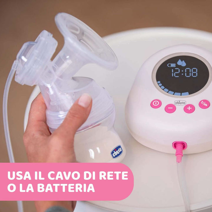 Pompă electrică pentru sân Chicco cu faze de stimulare și extracție, 10 niveluri de intensitate, confortabilă și rapidă, formă ergonomică, cu tetina înclinată și capac etanș, alb, 150 ml Accesorii Hrana si Alaptare Bebe Naty Shop