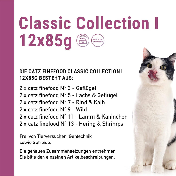 Catz Finefood Classic Collection Mix-Pack Hrană umedă pentru pisici - Delicatessen Hrană umedă pentru pisica dumneavoastră fără cereale și zahăr cu conținut ridicat de carne, 24 X 85G Bag