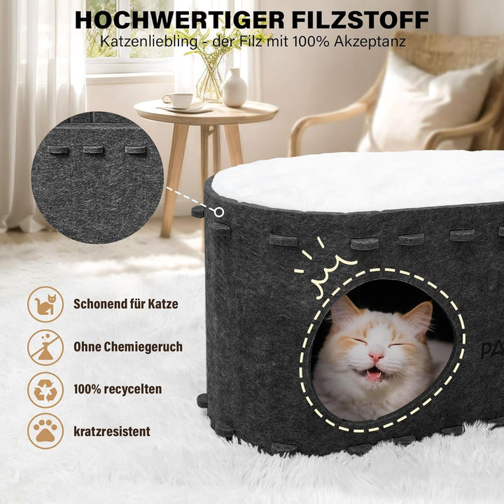 Pat pentru pisici Pawtasy, din fetru, cu 2 perne moi și detașabile, rezistent la iarnă, protecție pentru unghiile pisicii, 58A x 33L x 30Î cm, gri închis