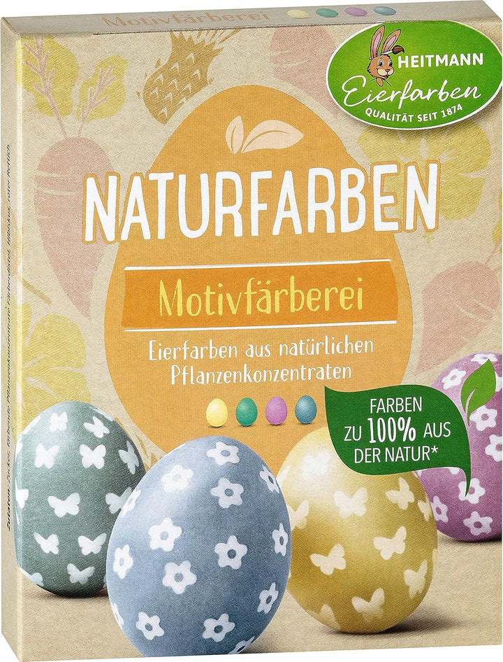Set de vopsire naturală Heitmann Egg Dye, 3 pudre de colorare pe bază de ou (galben, violet, gri-albastru), foaie de autocolante din hârtie cu iarbă