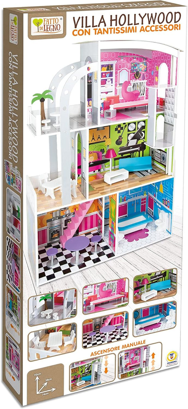 Teorema 40642 - Casa de papusi Tema Hollywood, 4 camere, Cu accesorii din lemn, Ridicare manuala, Inaltime 110 Cm Casute de papusi Naty Shop