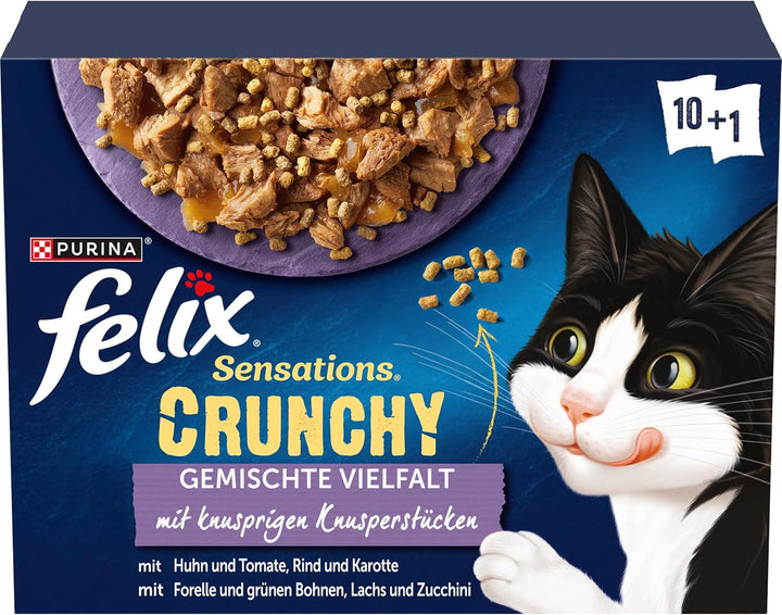 FELIX Sensations Hrană umedă pentru pisici Crunchy în jeleu, amestec de varietăți, pachet de 6 (6 X 10 pungi a 85G)
