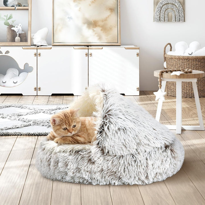 Pat pentru pisici Arquiel, cuib pentru pisici, pat pentru animale de companie, pat pentru câini mici, loc de dormit rotund și moale, lavabil, pufos, cu fund antiderapant și impermeabil (maro, 50 x 50 cm)
