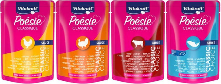 Vitakraft Poésie Classique, hrană umedă pentru pisici, hrană umedă în sos, cu pui, cu curcan, cu vită, cu somon, fără adaos de zahăr și cereale (1 pachet de 12X 85G)