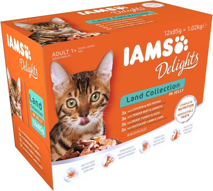 IAMS Delights Land Collection Hrană umedă pentru pisici - Multipack cu sortimente de carne (miel, vită, pui și curcan) în sos, hrană umedă pentru pisici de peste 1 an, 12 X 85G
