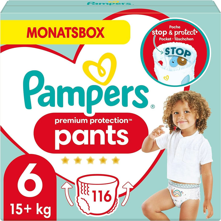 Pampers Baby Nappies Pantaloni mărimea 5 (12-17Kg) Premium Protection, Junior cu buzunar Stop and Protect, 144 scutece Panty Mama si Copilul Naty Shop 6 (116 buc) Clasic