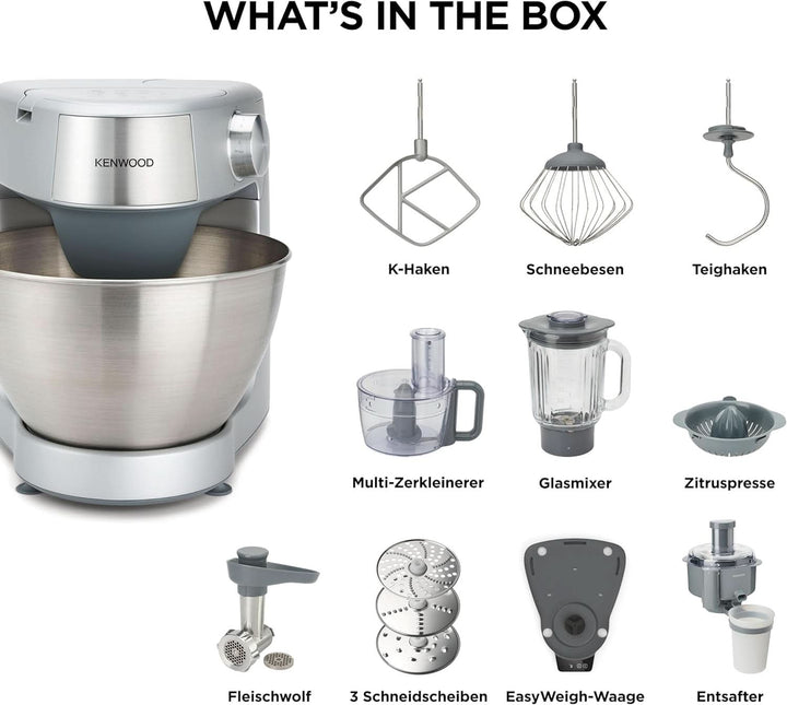 Kenwood Prospero+ KHC29A.R0SI Küchenmaschine, 4,3 L Edelstahlschüssel, Inkl. 10-Teiligem Zubehör-Set Mit Fleischwolf, Glas-Mixer, Zitruspresse, Entsafter Und Mehr, Inkl. Easyweigh Waage, 1000W, Silber Mama si Copilul Naty Shop