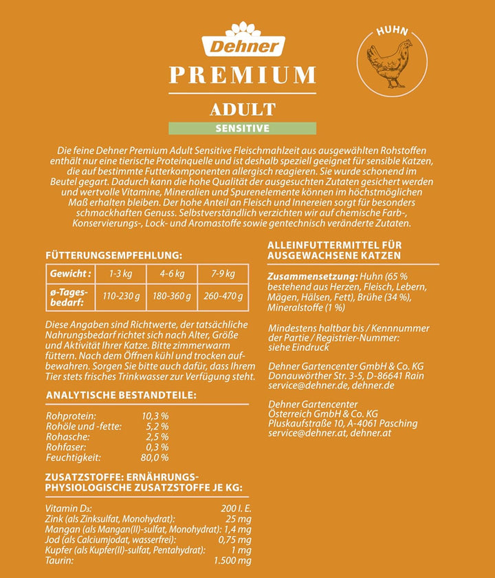 Dehner Premium Cat Food Sensitive, hrană umedă fără cereale, pentru pisici adulte sensibile din punct de vedere nutrițional, pui, pungi de 12 X 100 G (1,2 kg)