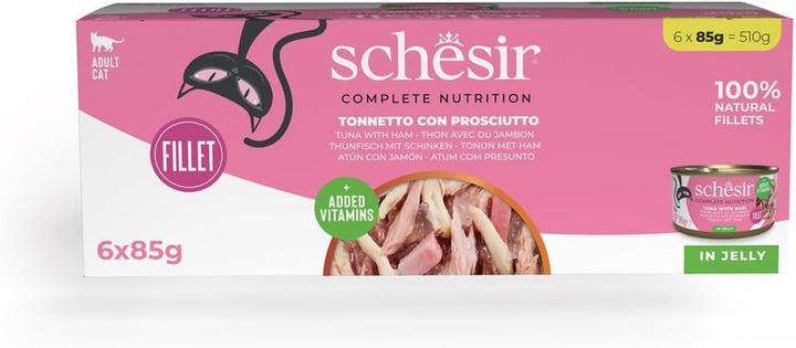 , Ton cu jeleu de șuncă, Hrană umedă completă pentru pisici, Cu adaos de vitamine, 100% naturală, 6 cutii a 85 G