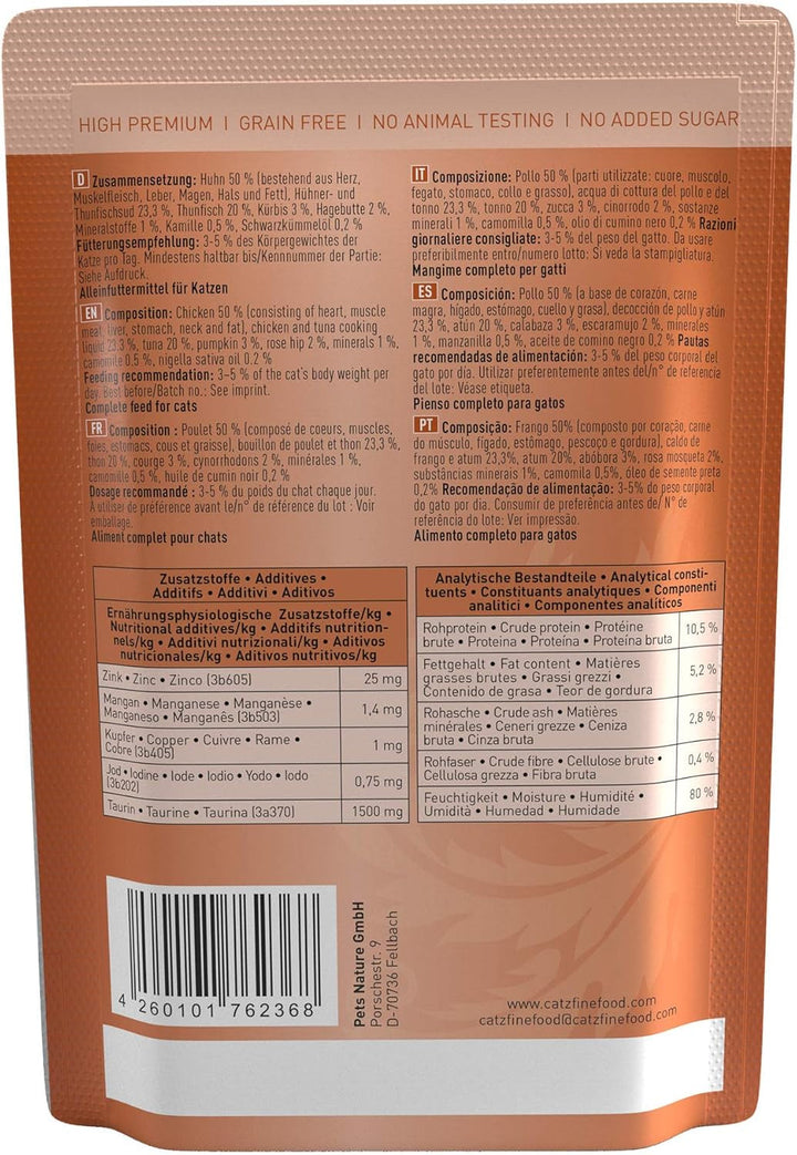 Catz Finefood N° 25 Chicken & Tuna Deli Hrană umedă pentru pisici, rafinată cu dovleac și măceșe, pungă de 16 X 85G