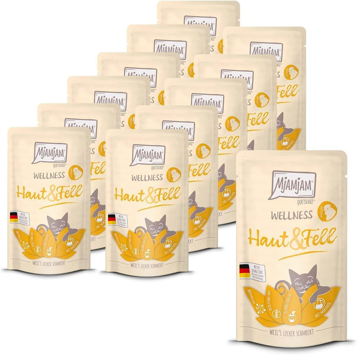 Mjamjam - Hrană umedă premium pentru pisici - Wellness Wellbeing Pack Pui, 12Pack (12 X 125G), fără cereale cu extra carne