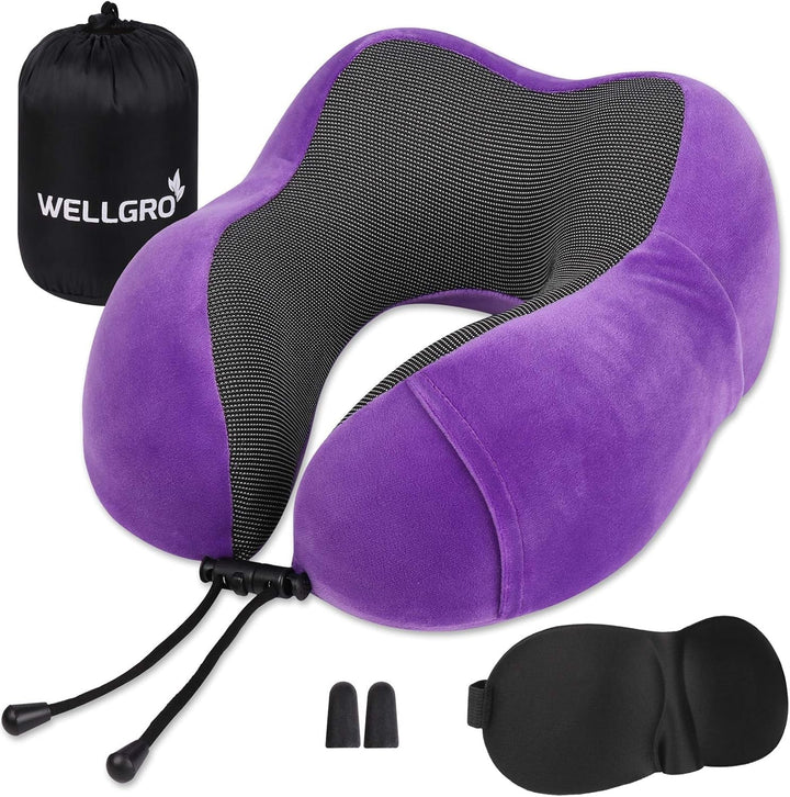 Set de perne pentru gât WELLGRO cu mască de somn 3D și dopuri pentru urechi - Husă detașabilă - Spumă cu memorie - Închidere cu fermoar - Inclusiv geantă de depozitare - Pernă de călătorie - Culoare selectabilă, Culoare:Gri Perne ortopedice cervicale Naty Shop Violet