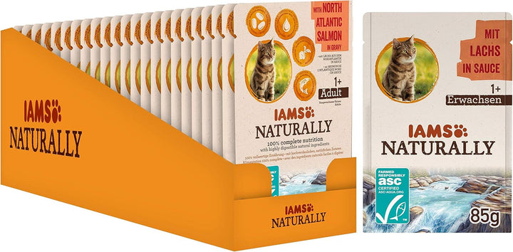 Iams Naturally Tuna Cat Food Wet, hrană umedă premium pentru pisici adulte în sos, 24 X 85G