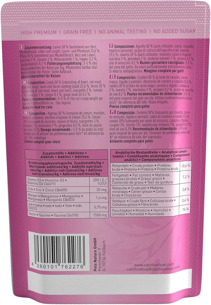 Catz Finefood N° 19 Lamb & Horse Delicatessen Hrană umedă pentru pisici, rafinată cu dovlecel și roșii, 16 X 85G pungă