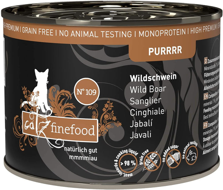 Catz Finefood Purrrrr Wild Boar Monoprotein Cat Food Wet N° 109, Pentru pisici sensibile din punct de vedere nutrițional, 70% carne, cutie 6 X 400G